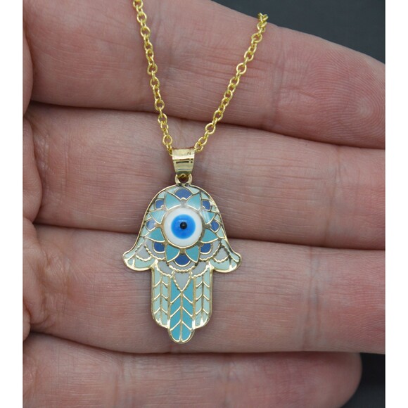 Real 14k Yellow Gold Ocean Blue Enamel Hamsa Evil Eye Pendant + 18" Chain - Picture 1 of 8
